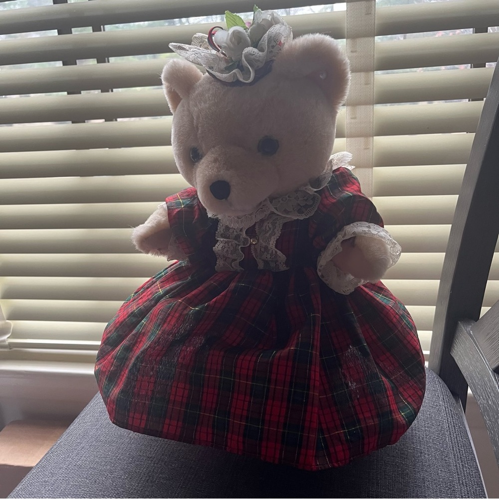 Vintage Anco tan bear Pearl like earrings red Plaid dress about 15" tall